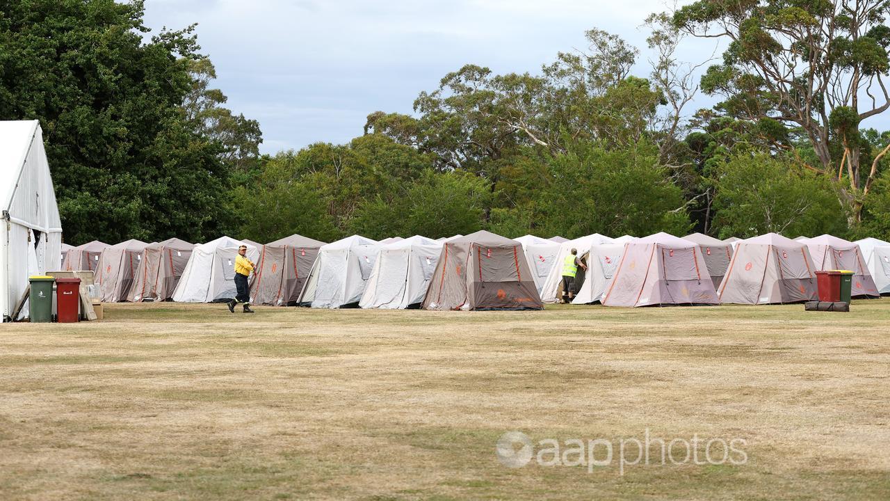 Tents at a basecamp in Ballarat for those who fought the bushfires.
