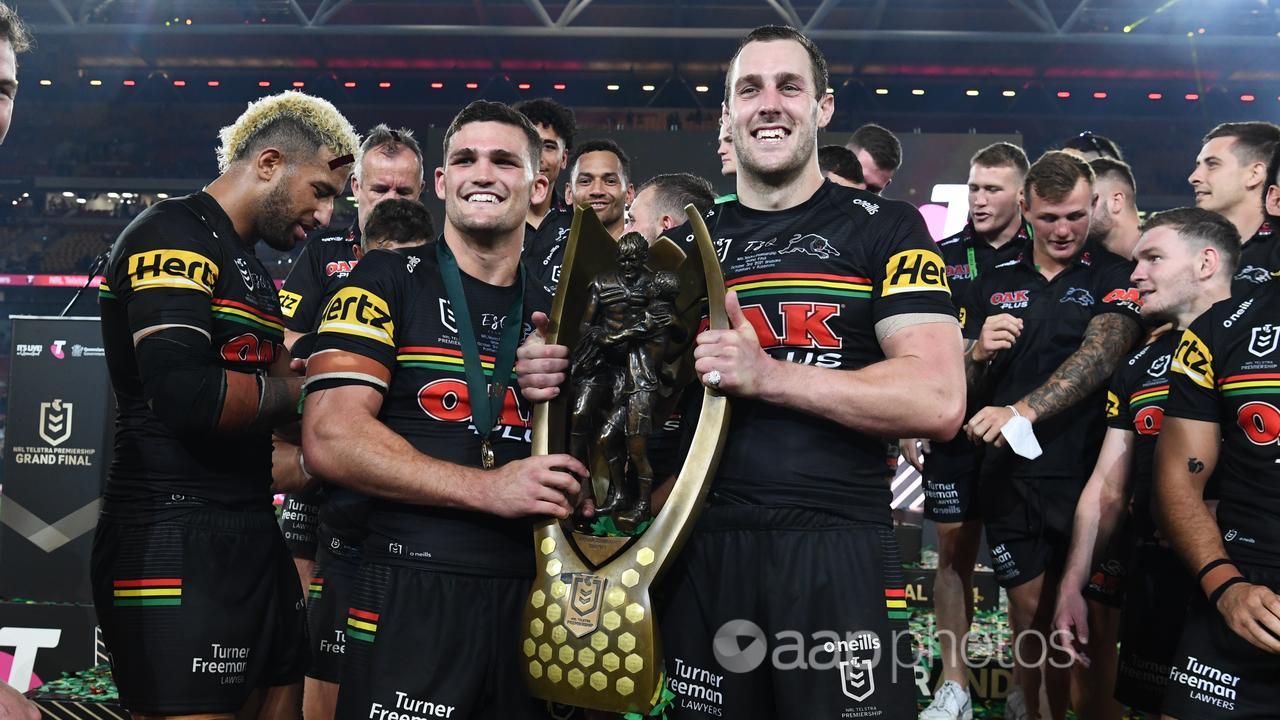 Nathan Cleary and Isaah Yeo with the trophy after the 2021 grand final