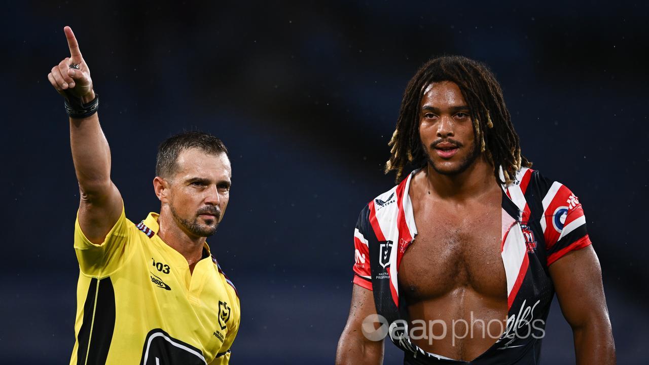Dom Young (right) is sent off for Sydney Roosters. 