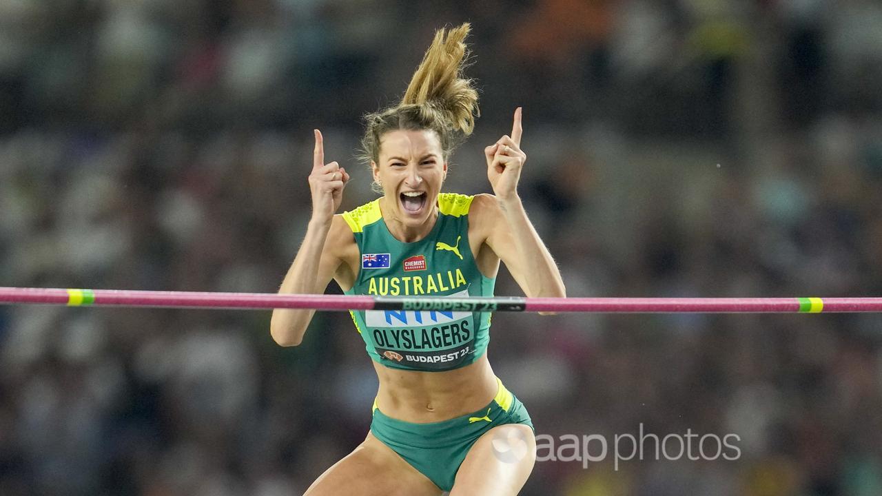 Nicola Olyslagers competes in world championships high jump final.