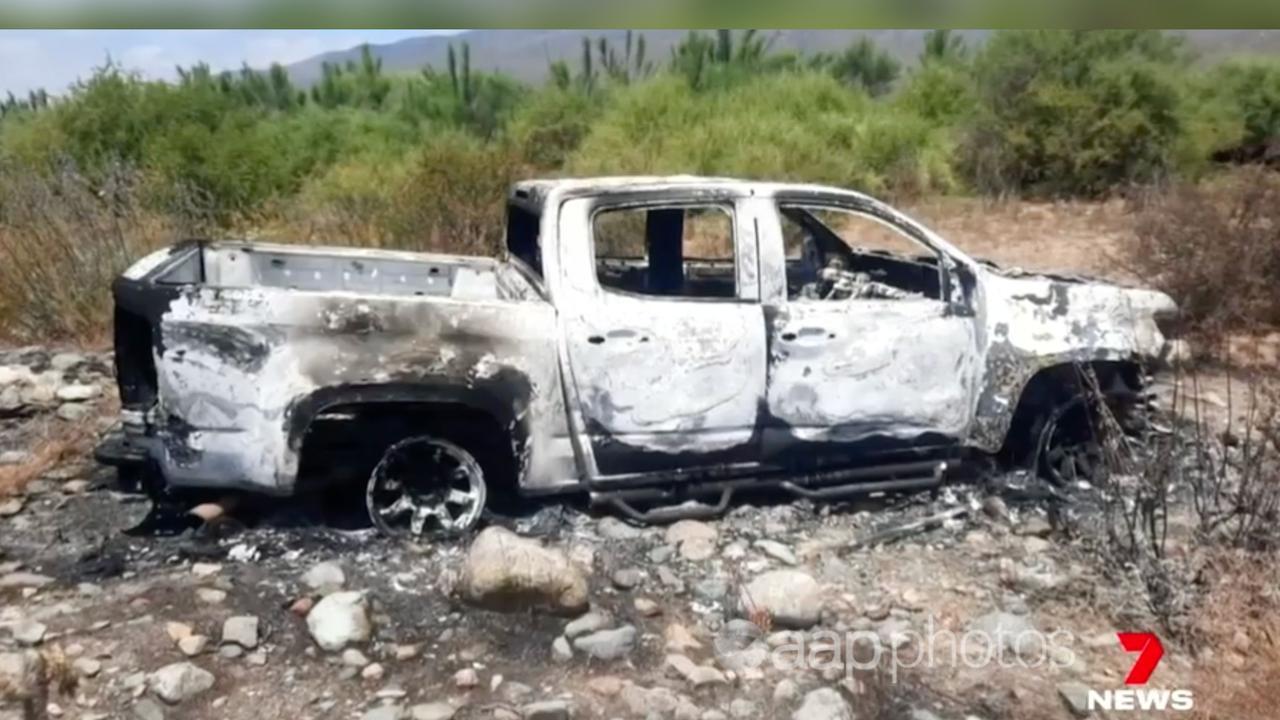 A burnt-out ute.