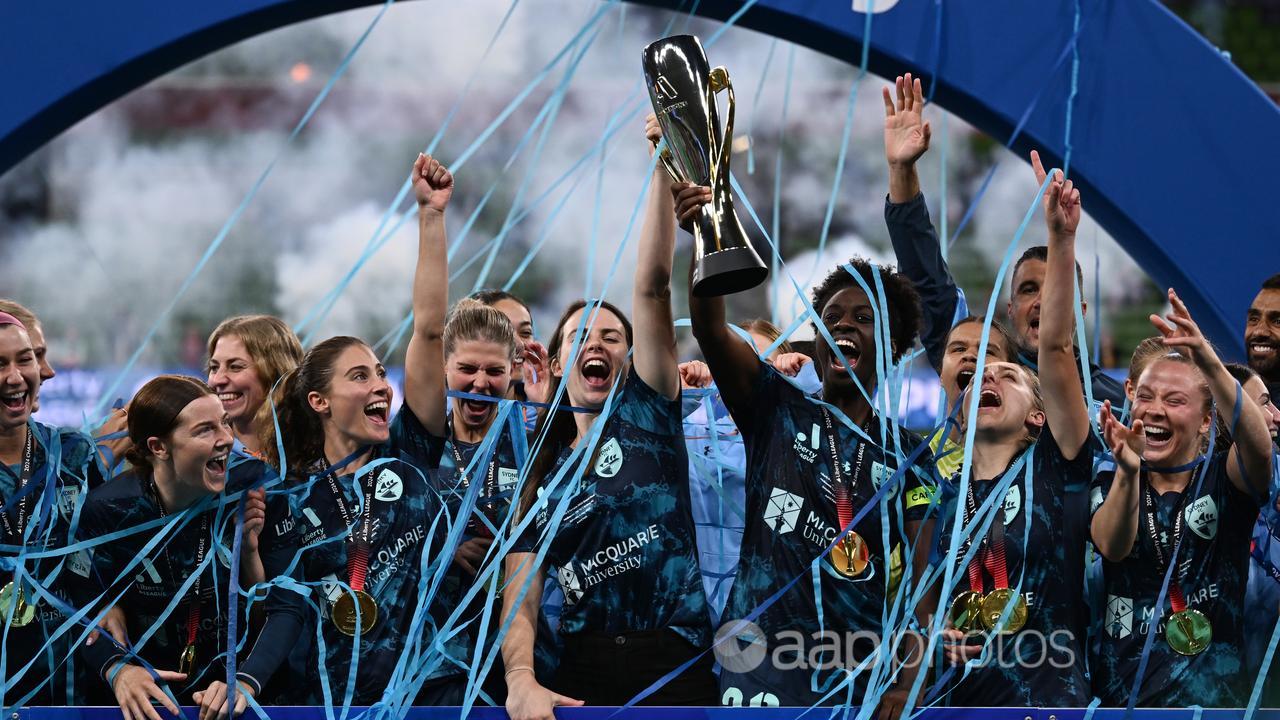 Sydney FC players celebrate ALW grand final success.