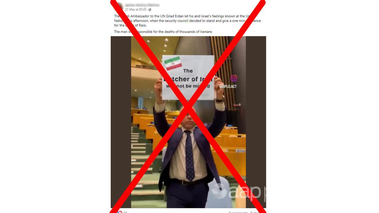 Crossed out Facebook post featuring fake UN protest by Gilad Erdan