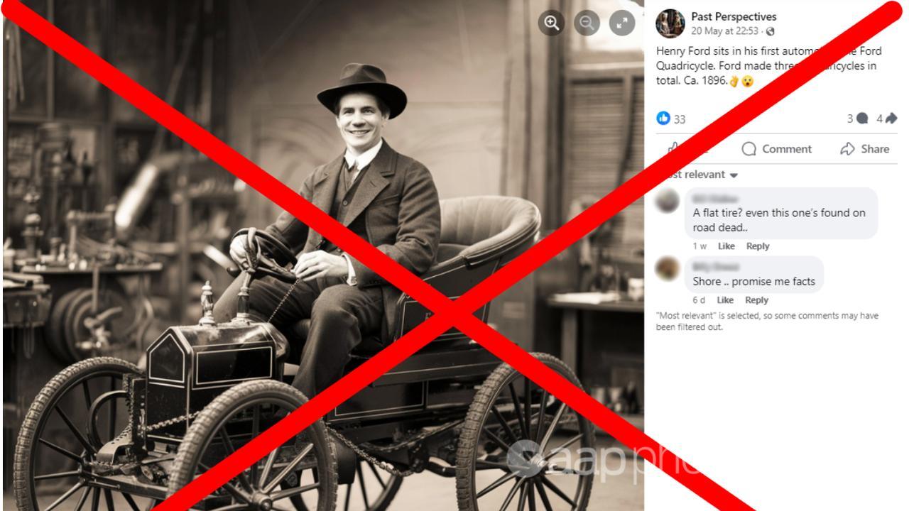 Crossed out Facebook post sharing AI generated picture of Henry Ford
