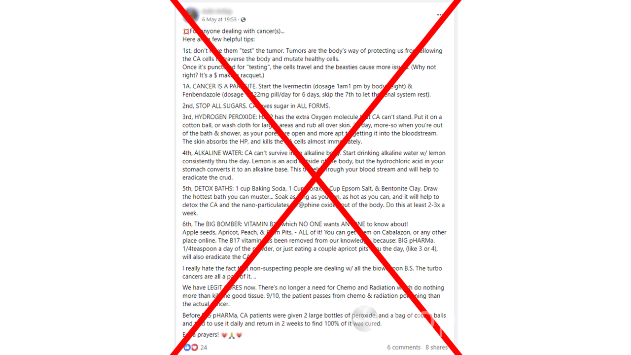 An example of a Facebook post listing false claims about cancer cures.