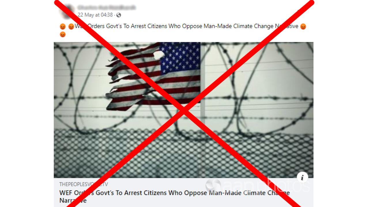 A crossed out Facebook post of People's Voice WEF climate change story