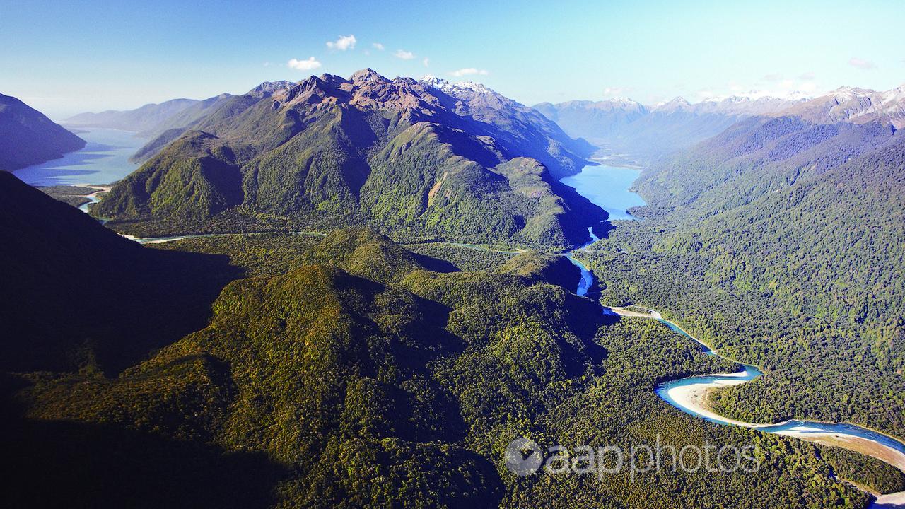 Aerial view of the Hollyford Valley in Fiordland, New Zealand