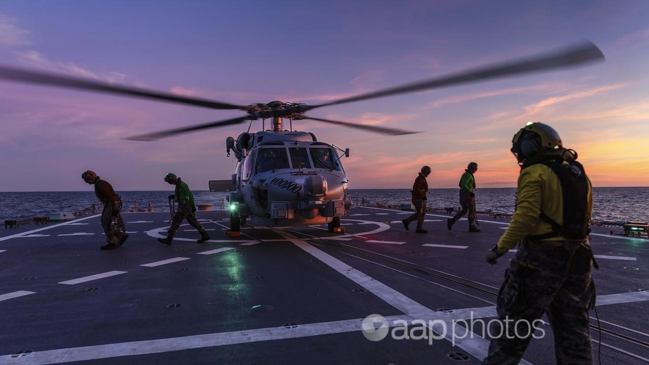 A Seahawk helicopter on HMAS Hobart.