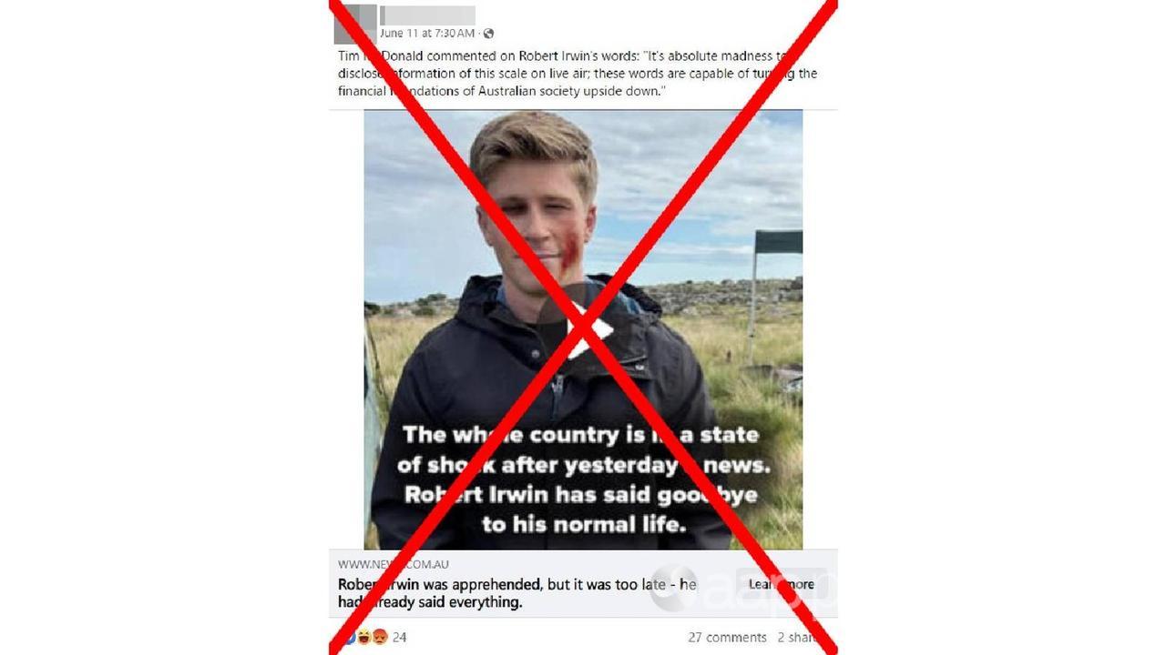 An image of a Facebook post showing altered image of Robert Irwin.