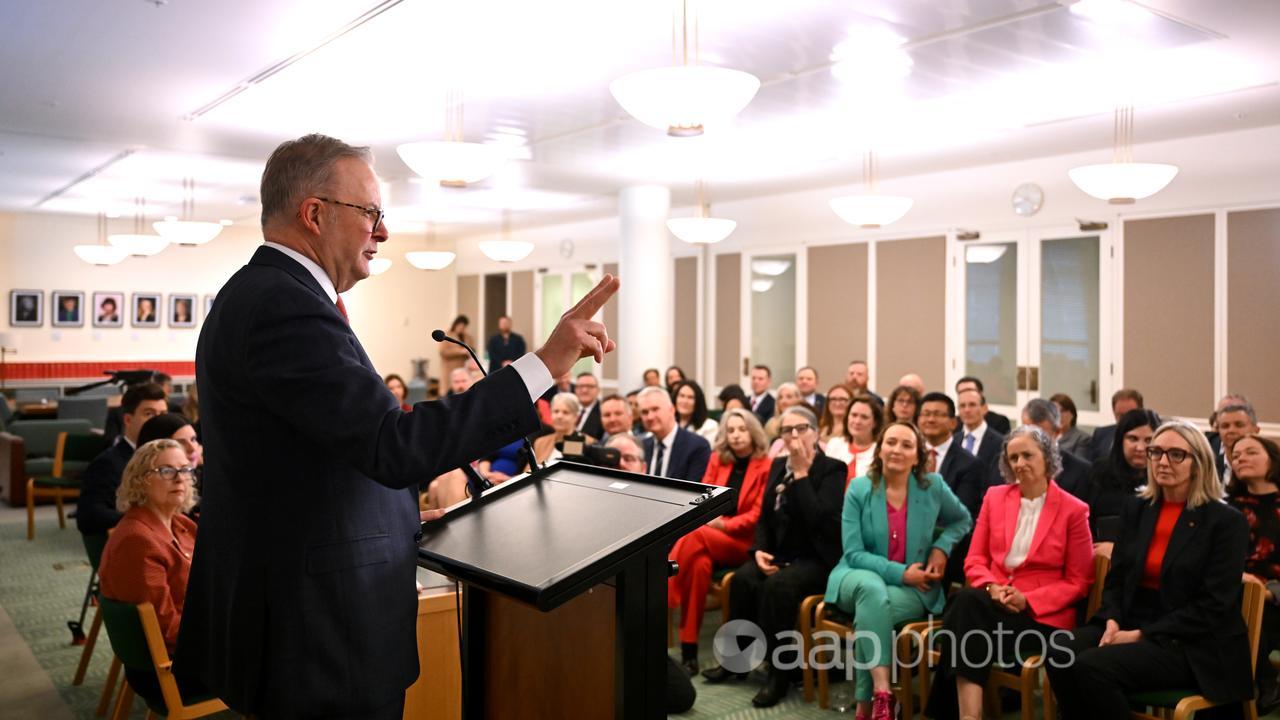 Anthony Albanese addresses a Labor caucus meeting