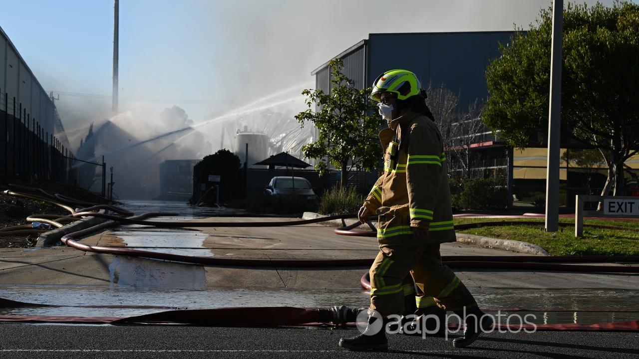 Firefighters at the chemical factory fire in Derrimut