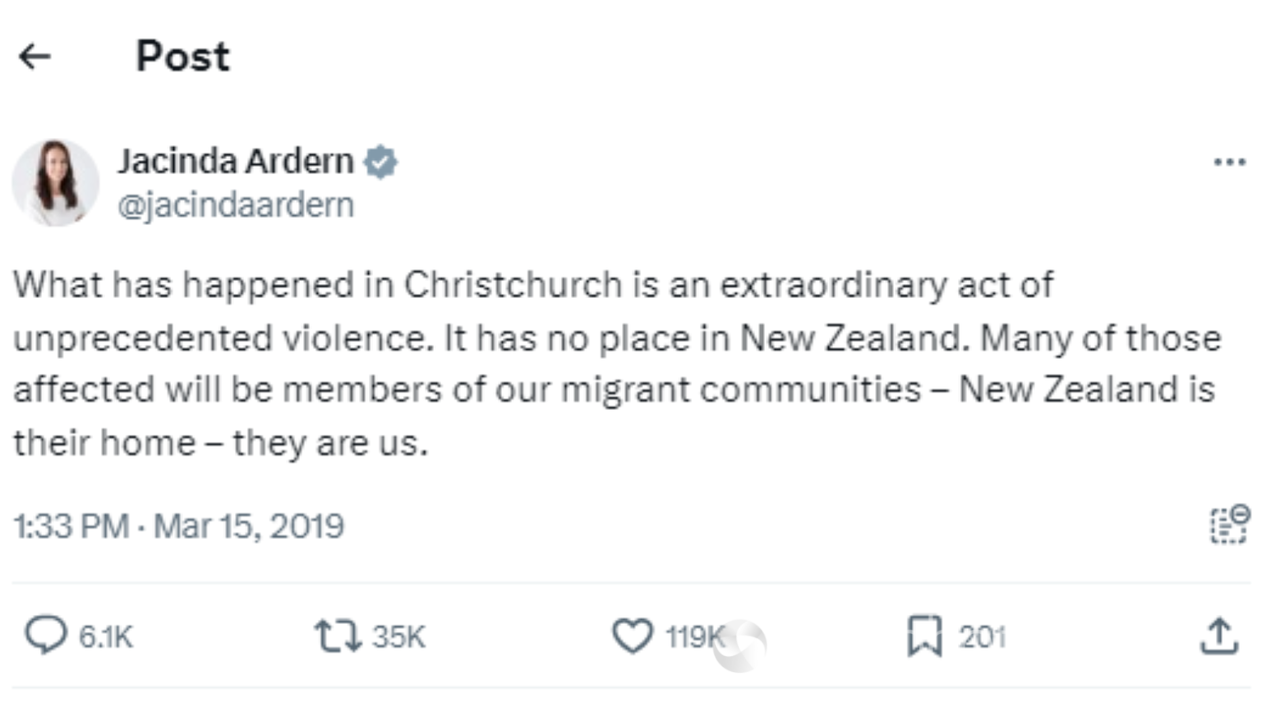 Jacinda Ardern's tweet on the day of the Christchurch terror attack.