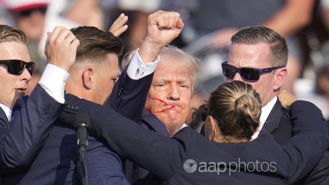 Donald Trump punches the air after taking a bullet across the ear.