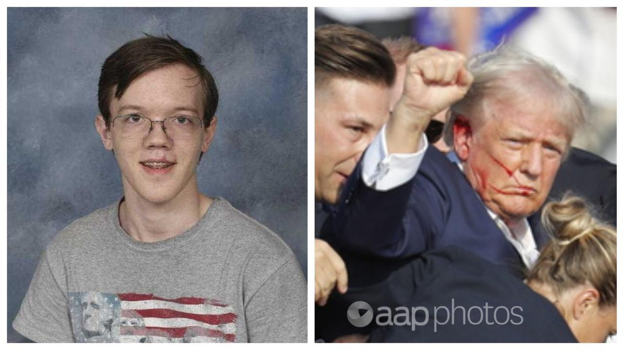 Thomas Matthew Crooks, left. Right, Donald Trump after being shot