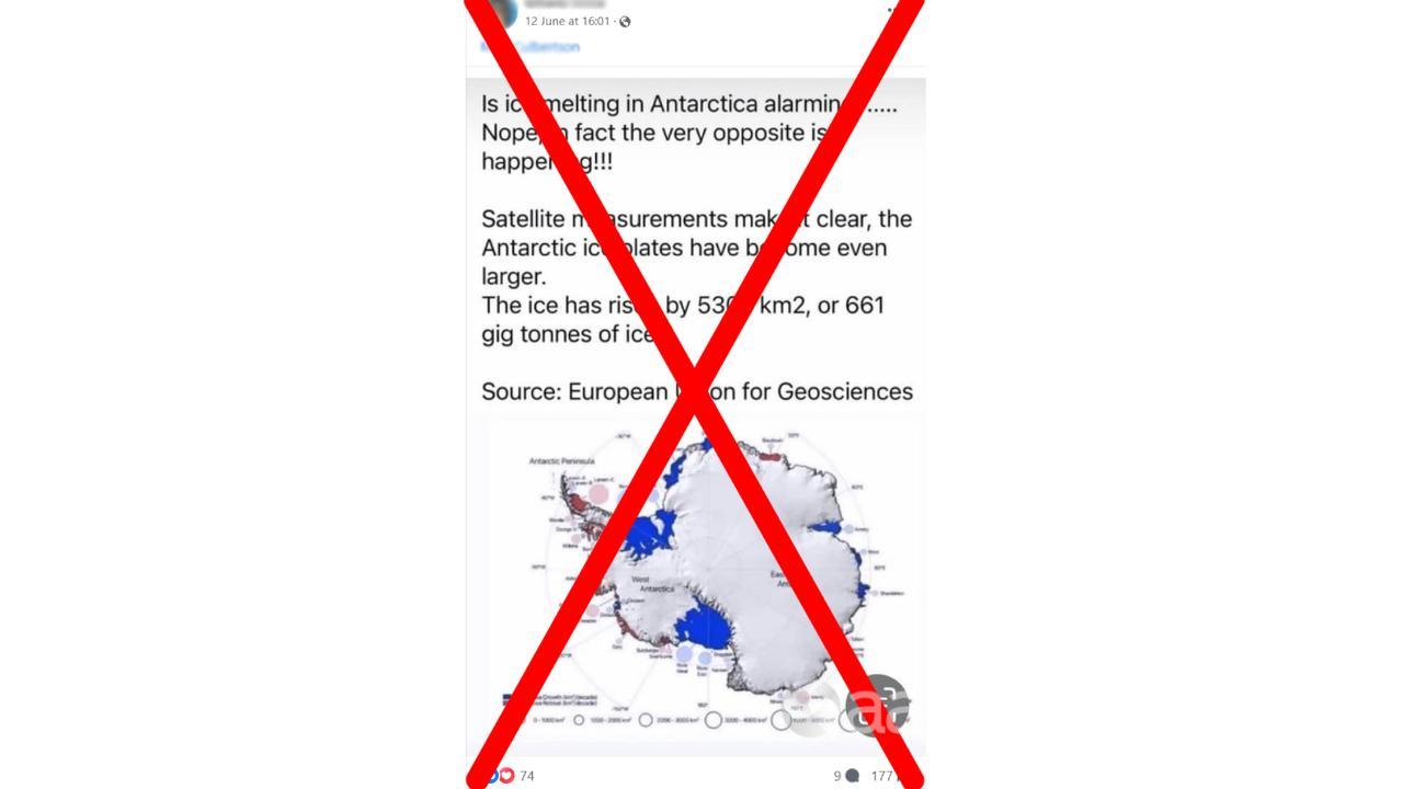 Crossed out Facebook post claiming Antarctic ice is growing