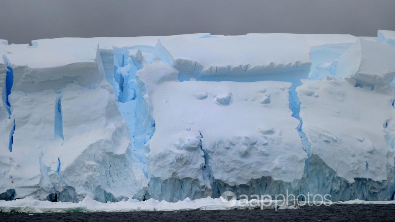 Pack ice and huge icebergs calving in Antarctic waters 