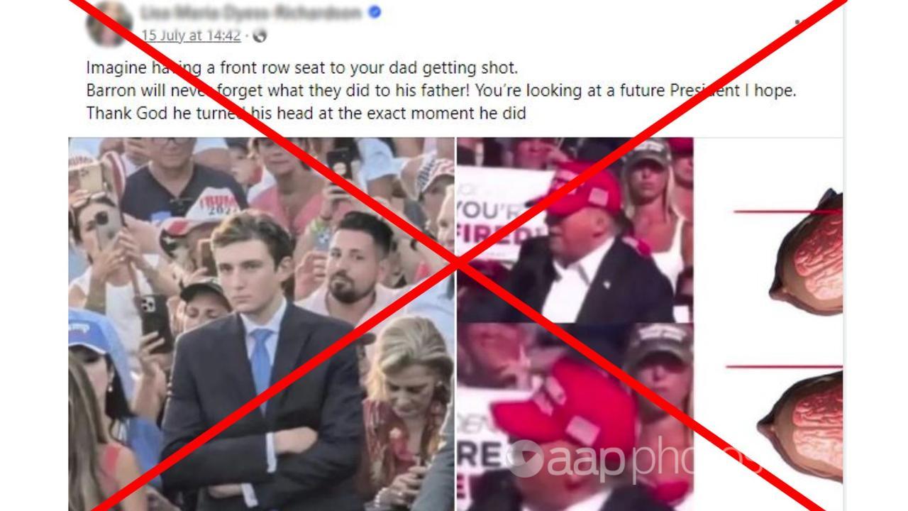 A Facebook post incorrectly describing the Barron Trump image.