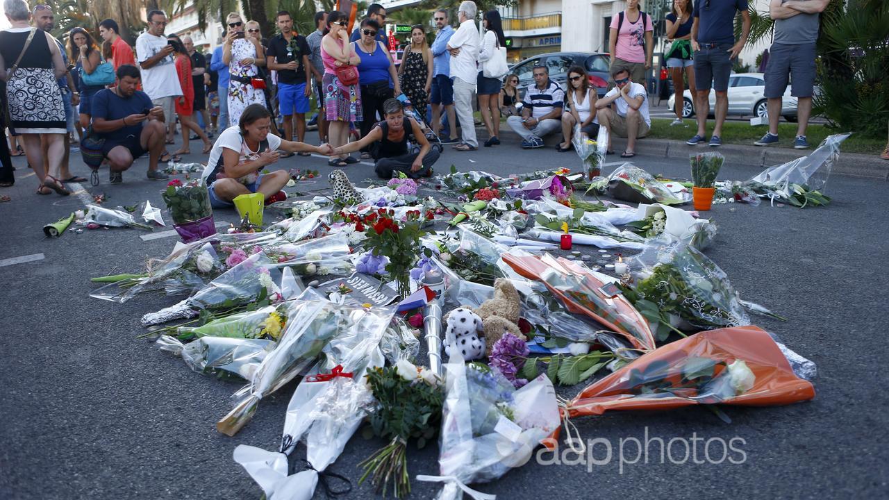 Flowers at the site of a deadly truck attack, Nice, France.