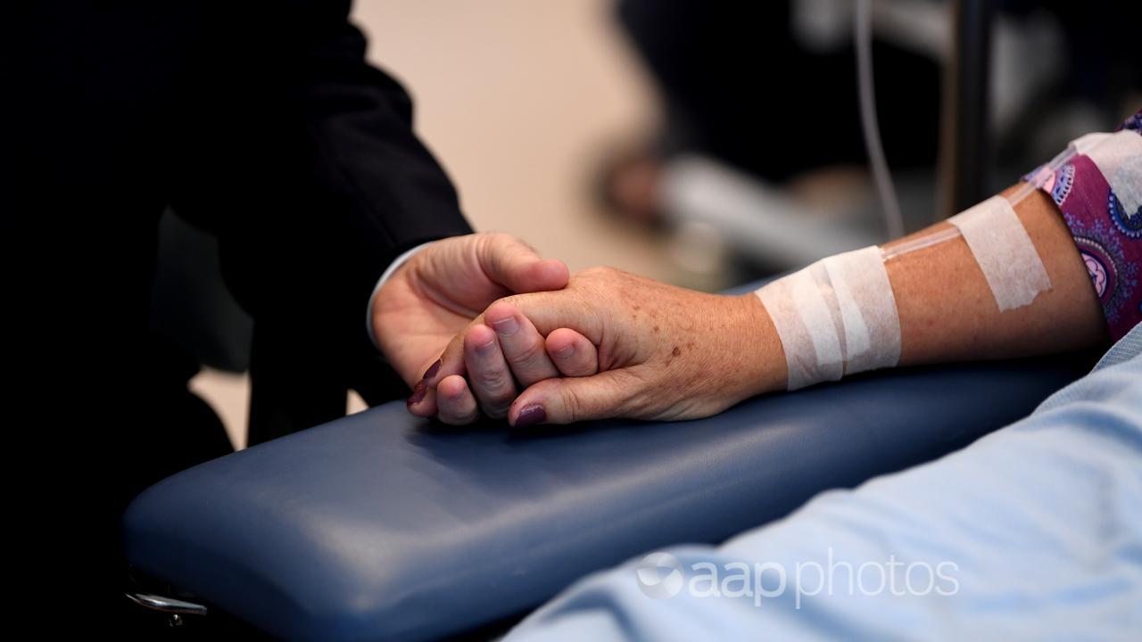 The hand of cancer patient Judy Dixon at Retcliffe Hospital, Brisbane