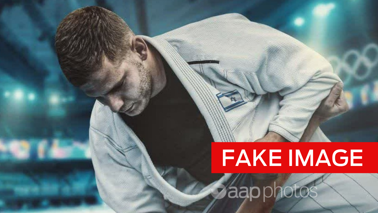 An AI-generated image showing an Israeli athlete hurting a boy