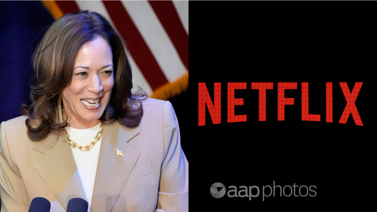 The US presidential candidate Kamala Harris and the Netflix logo.