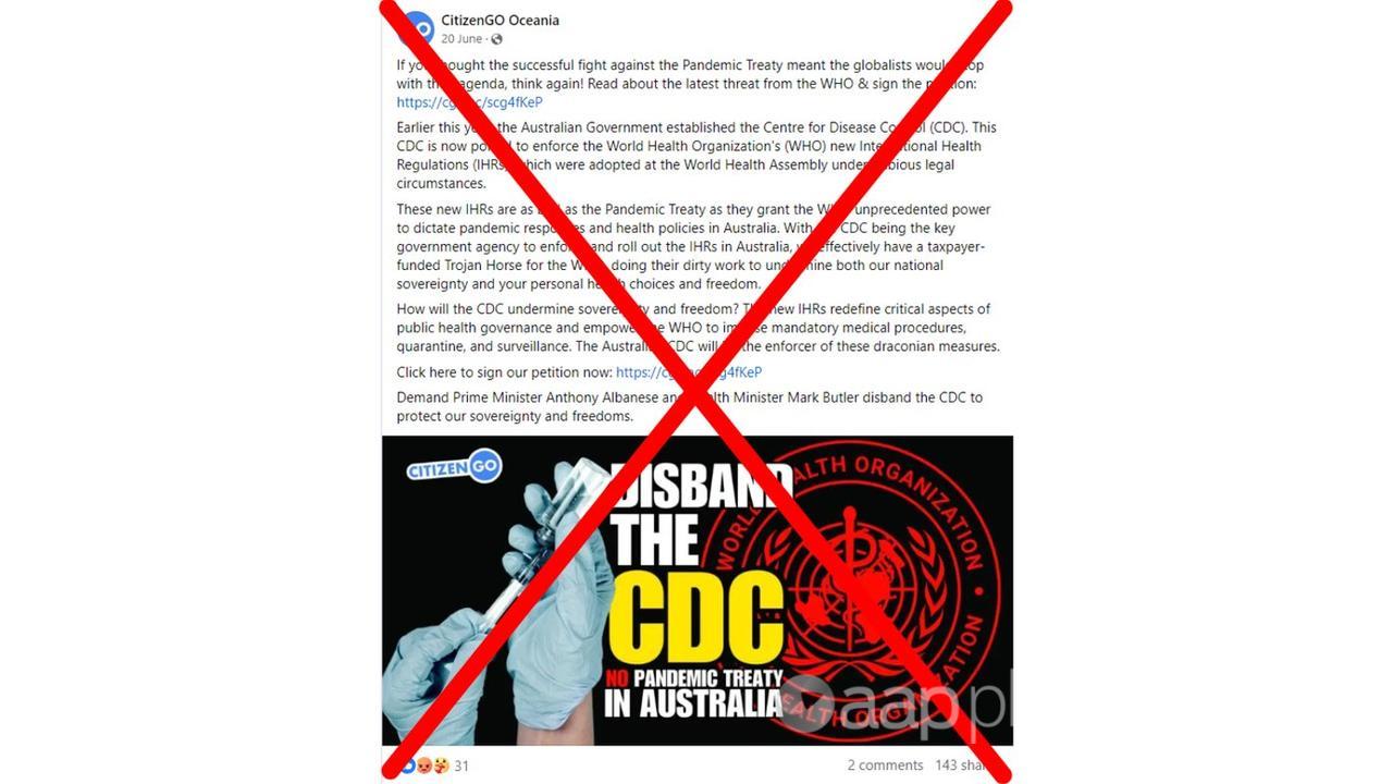 Crossed out CitizenGO Ozeania Facebook post about the CDC and WHO