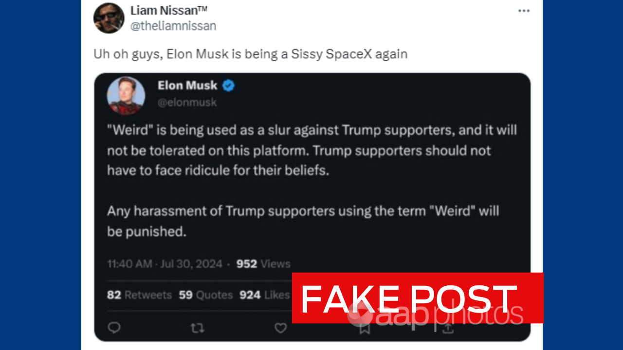 Tweet showing a fake Elon Musk threat post with the words 'FAKE POST'