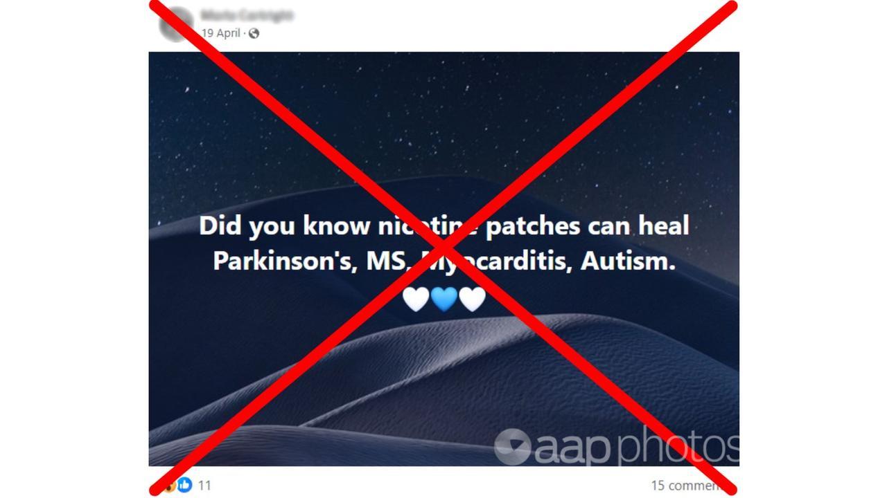 Crossed out Facebook post claiming nicotine cures Parkinson's disease.