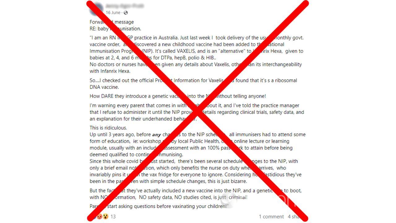 Crossed out Facebook post claiming Vaxellis vaccine contains DNA.