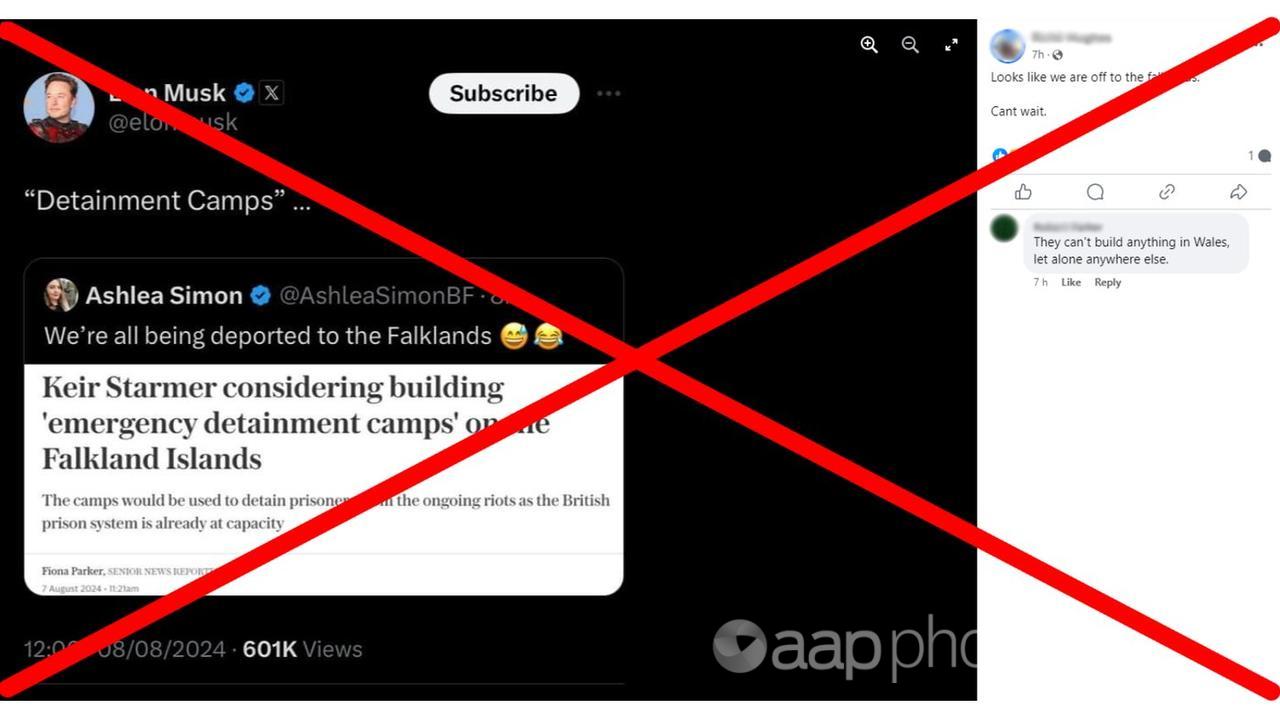Elon Musk sharing 'Detainment camps' in Falklands fake X post.
