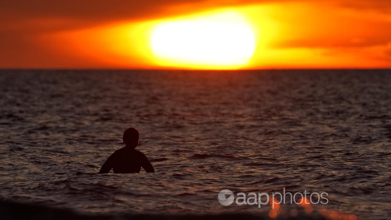 A man surfing and watching the sunset.