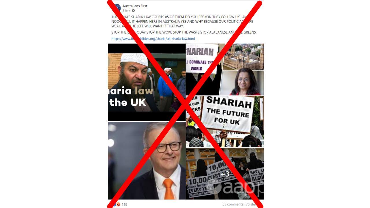 Crossed out Australians First Facebook post about sharia law in UK