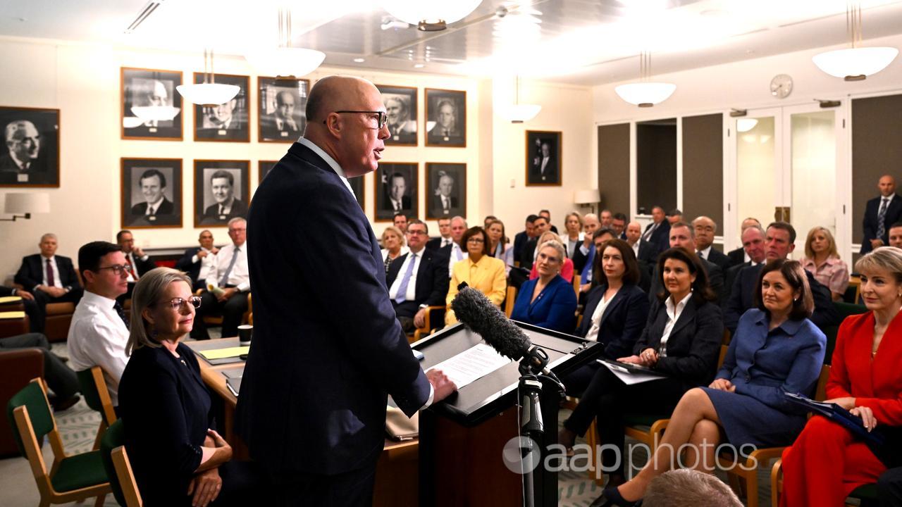 Peter Dutton addresses a joint party room meeting (file)