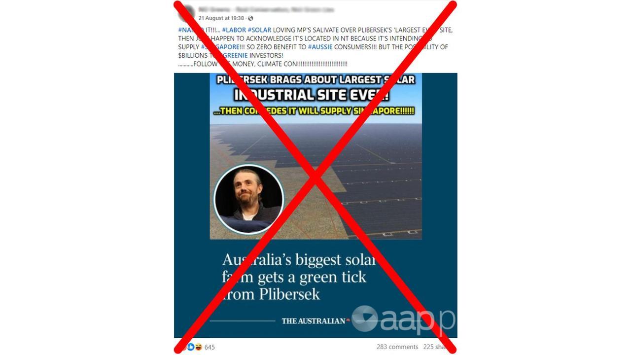 Crossed-out Facebook post about NT solar farm.