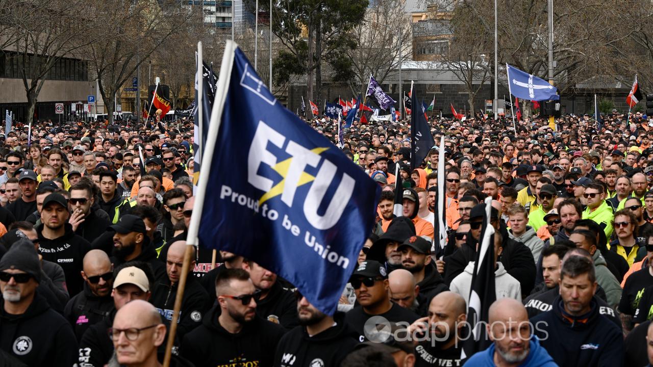 Unionists march at a CFMEU rally in Melbourne