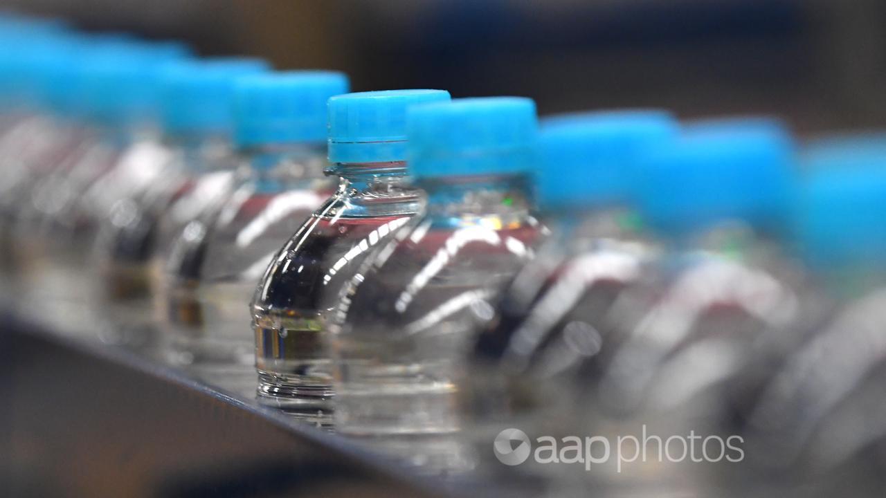 Bottles of water on a production line