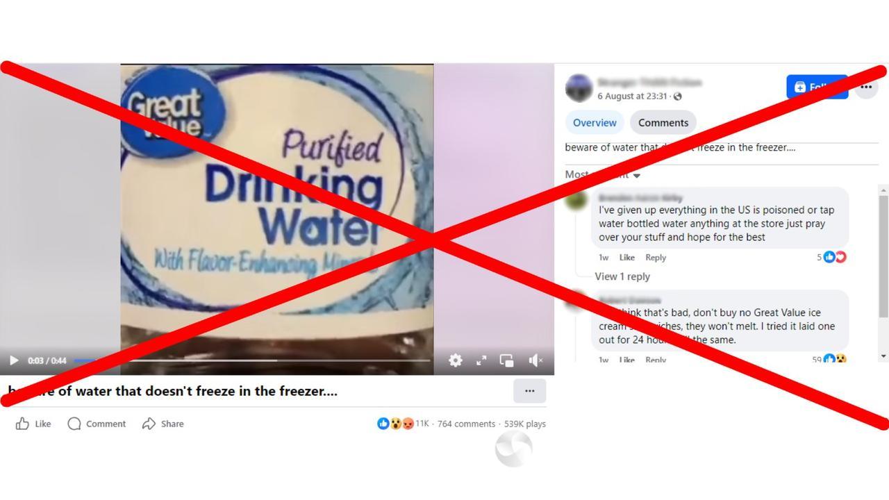 Facebook post featuring a false claim about Pfizer and bottled water.