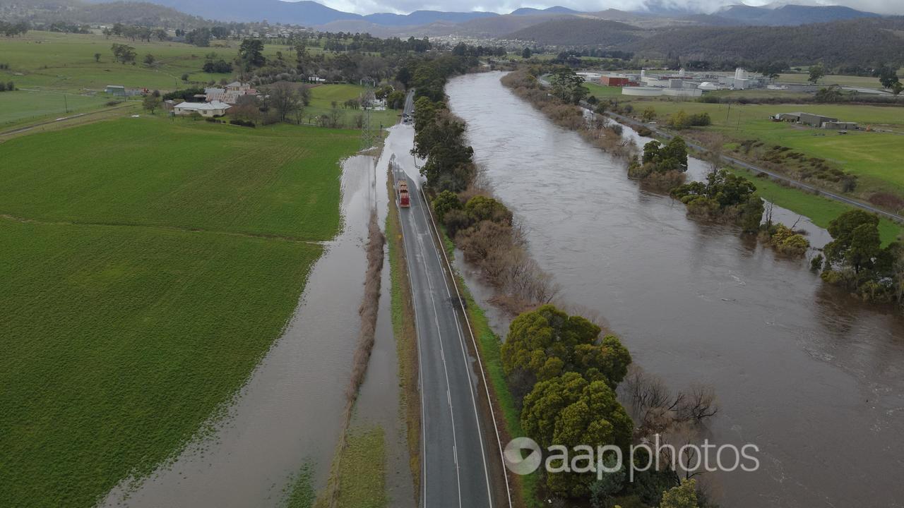 An aerial view of flooding in Hayes, Tasmania.