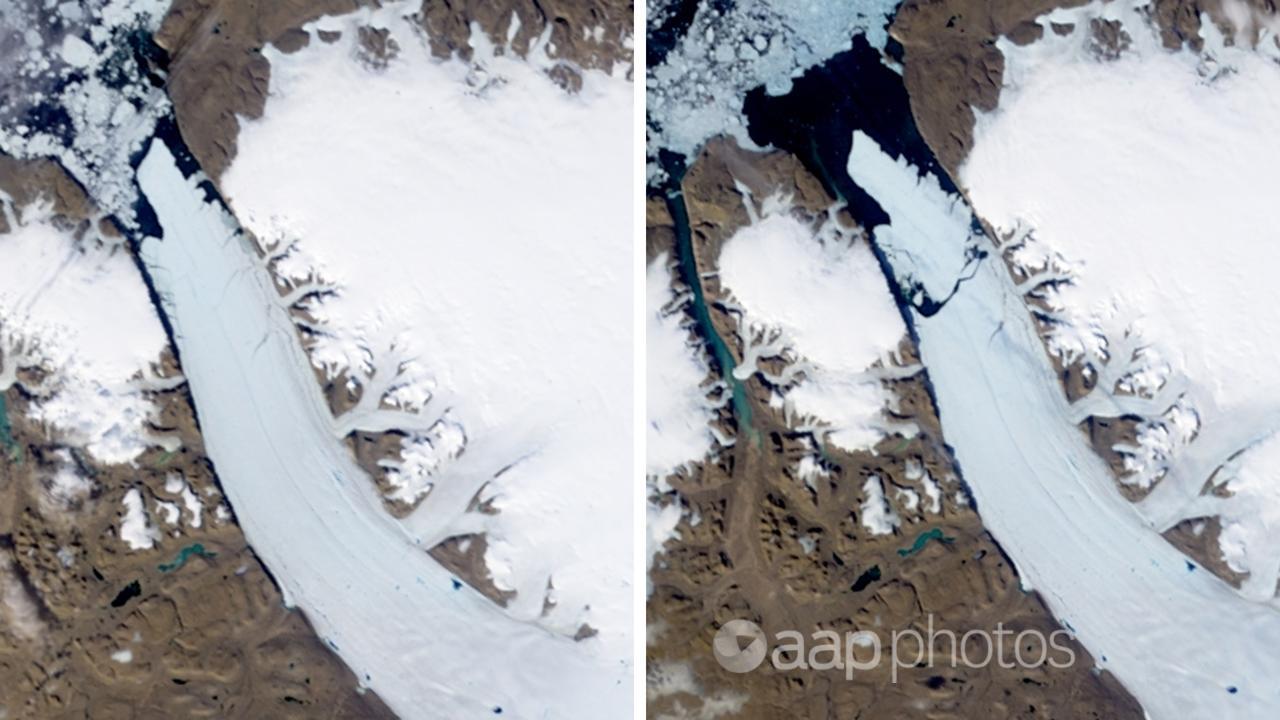 Two NASA satellite images showing iceberg breaking off the glacier.