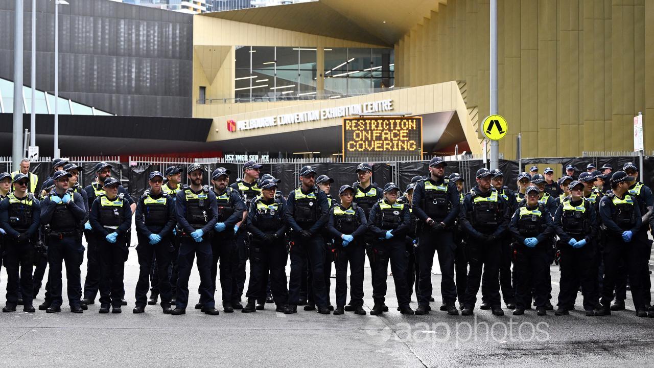 Police are out in force at an anti-war protest.