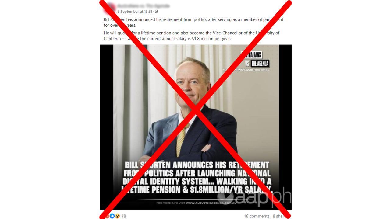 Facebook post about Bill Shorten's pension