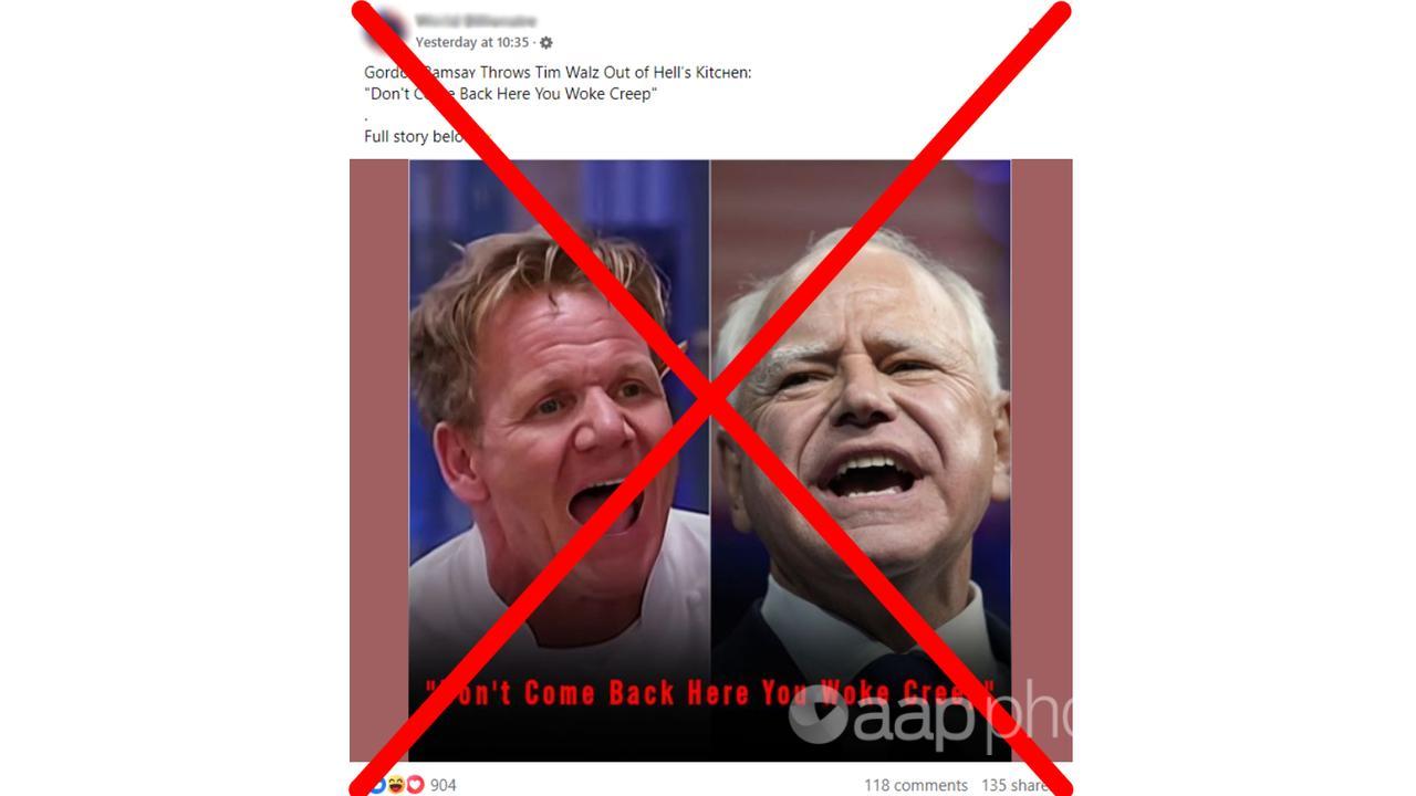 Facebook post claiming Gordon Ramsey threw Tim Walz out.