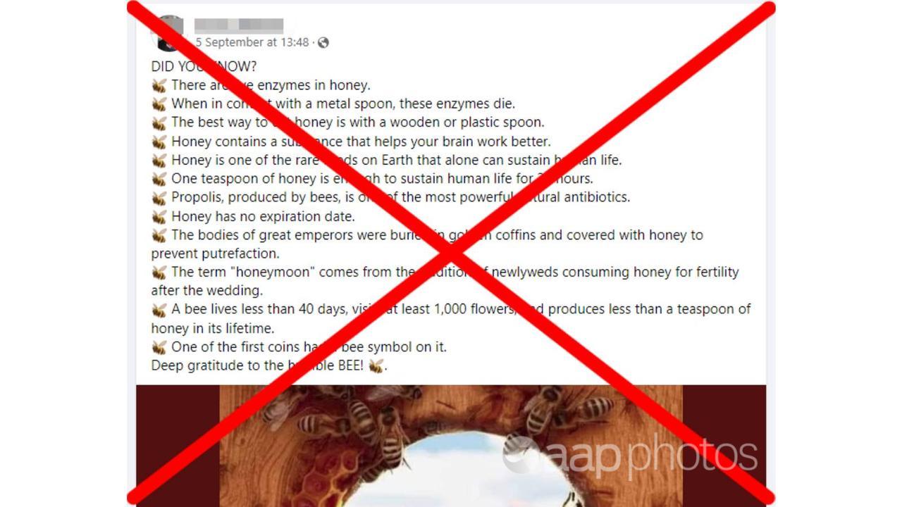 A Facebook post containing untrue claims about honey.