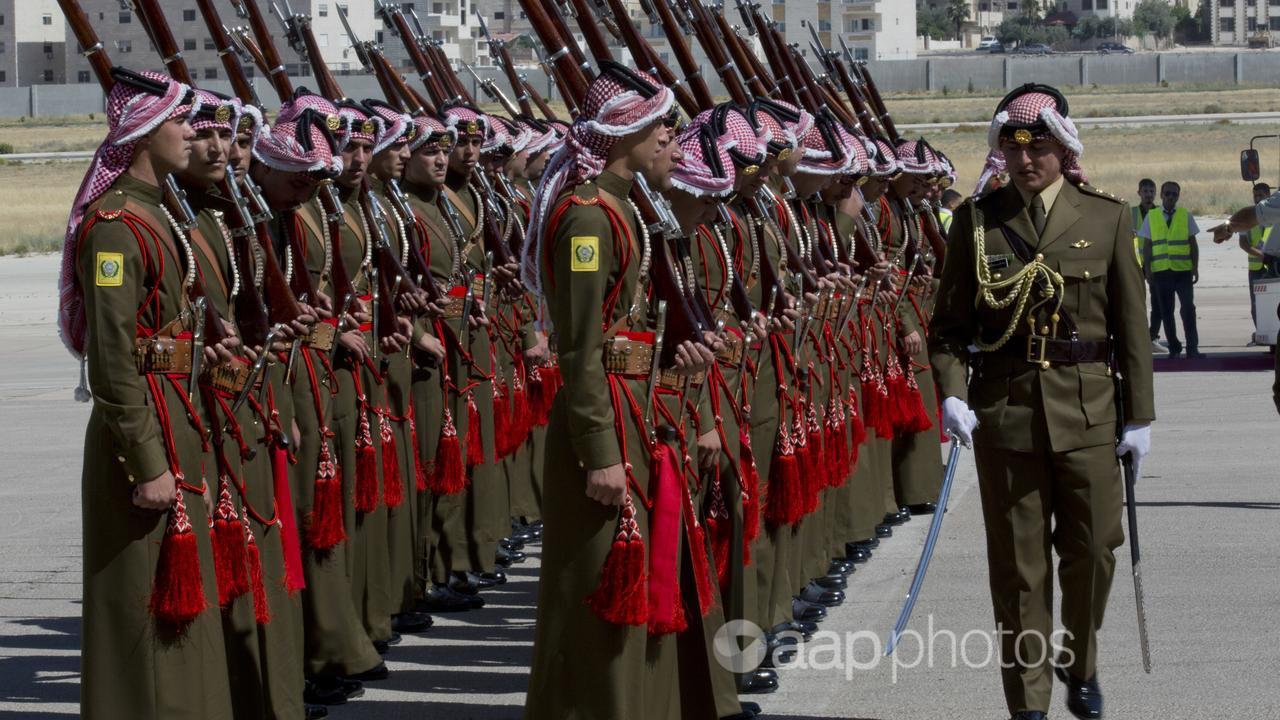 Jordanian troops lined up in preperation to meet Prince William.