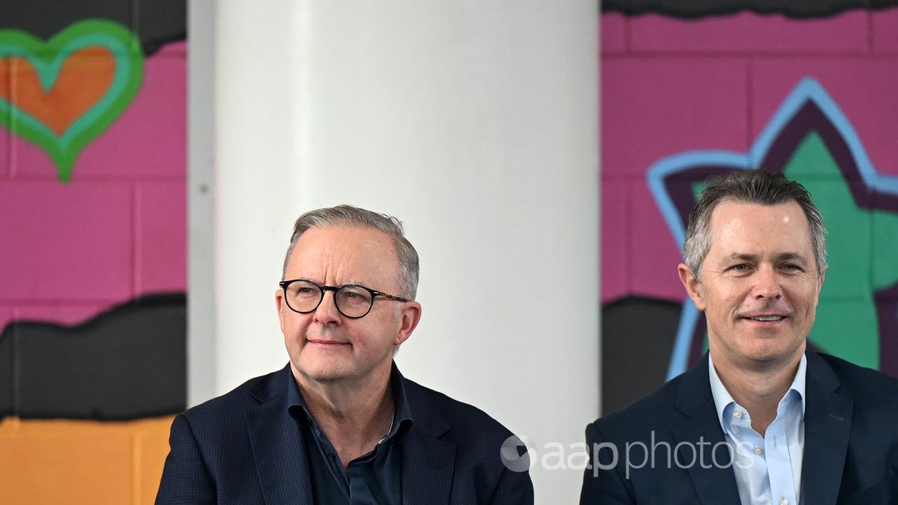 Anthony Albanese and Jason Clare at a school assembly.