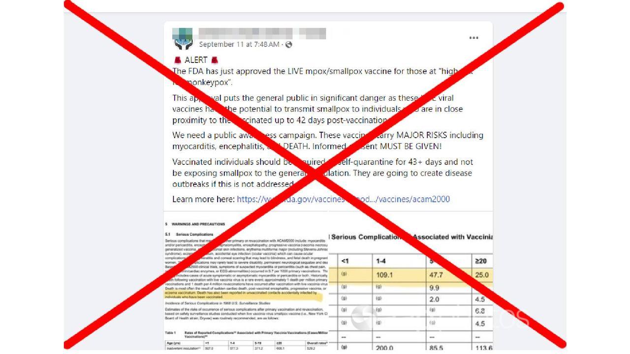 A Facebook post falsely claiming the ACAM2000 jab can spread smallpox.