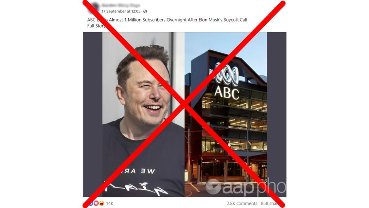 Crossed out Facebook post claiming Elon Musk is boycotting ABC