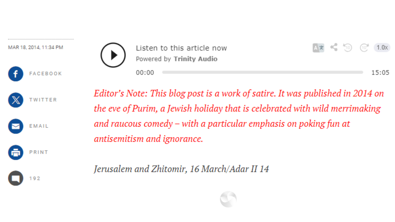 Disclaimer at top of Times of Israel satirical blog