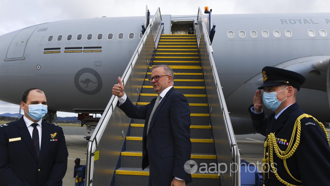 File photo of Anthony Albanese boarding a plane