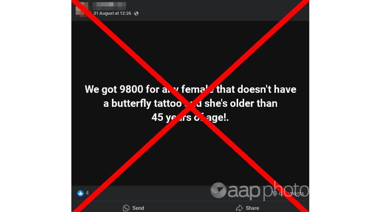 A scam post promising money to females without butterly tattoos.